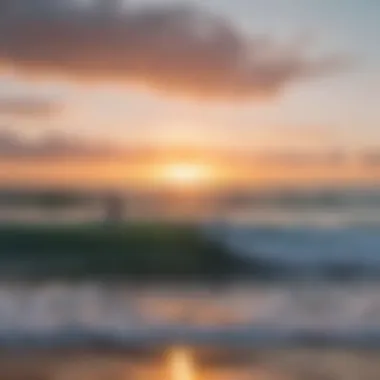 A stunning sunset over a surf beach with waves crashing.