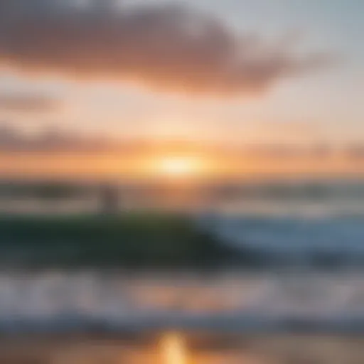 A stunning sunset over a surf beach with waves crashing.