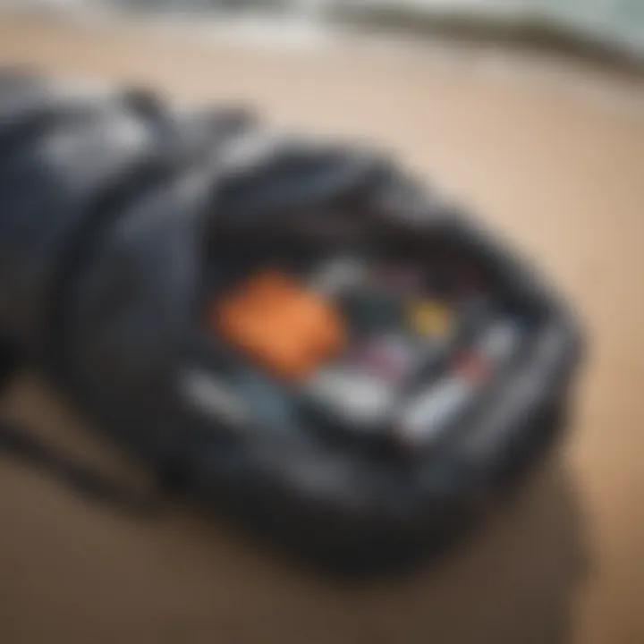 A surfer packing a dry bag with essentials