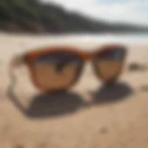 Diverse selection of surf sunglasses on a sandy beach