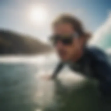 Surfer wearing high-performance sunglasses while riding a wave