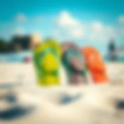 Colorful surf brand flip flops on a sandy beach