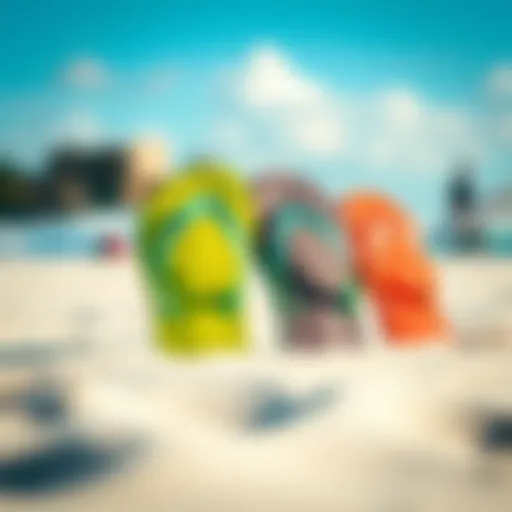 Colorful surf brand flip flops on a sandy beach