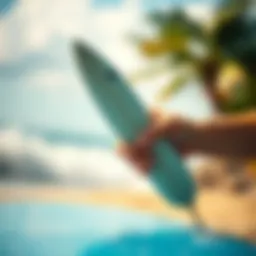 Innovative finger surfboard design against a vibrant beach backdrop