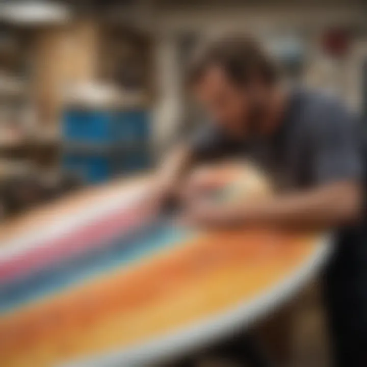 A close-up of an artist applying resin to a surfboard, emphasizing artistic technique