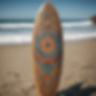 Artistic Expression on Surfboards A beautifully painted surfboard adorned with vibrant colors and intricate designs