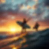 A breathtaking sunset over the ocean with surfers catching waves