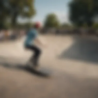 A group of skateboarders gathered in a skate park discussing no comply techniques.