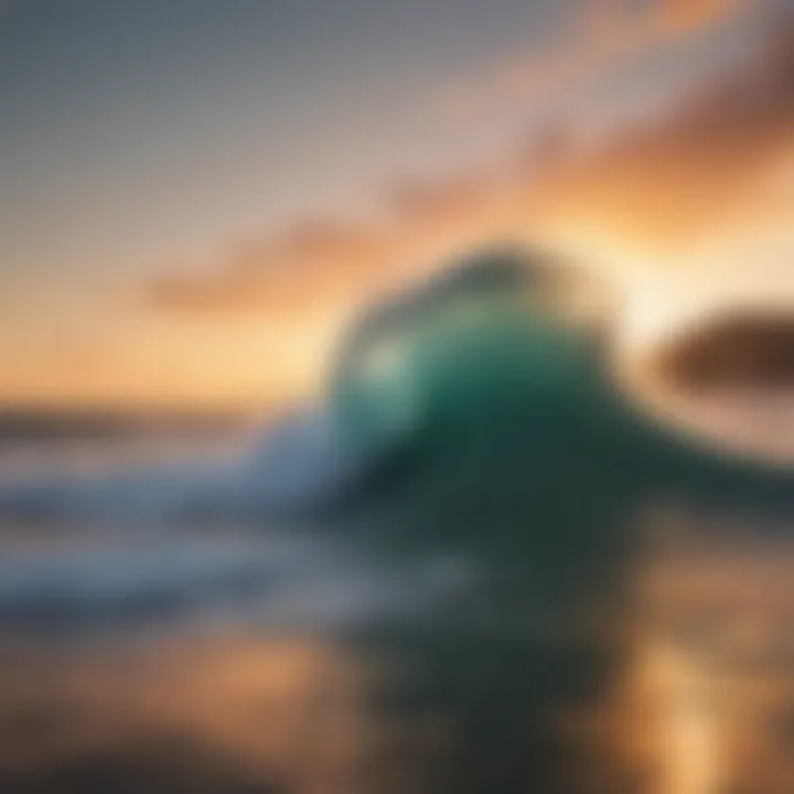 A sunset view over a coastline with crashing waves