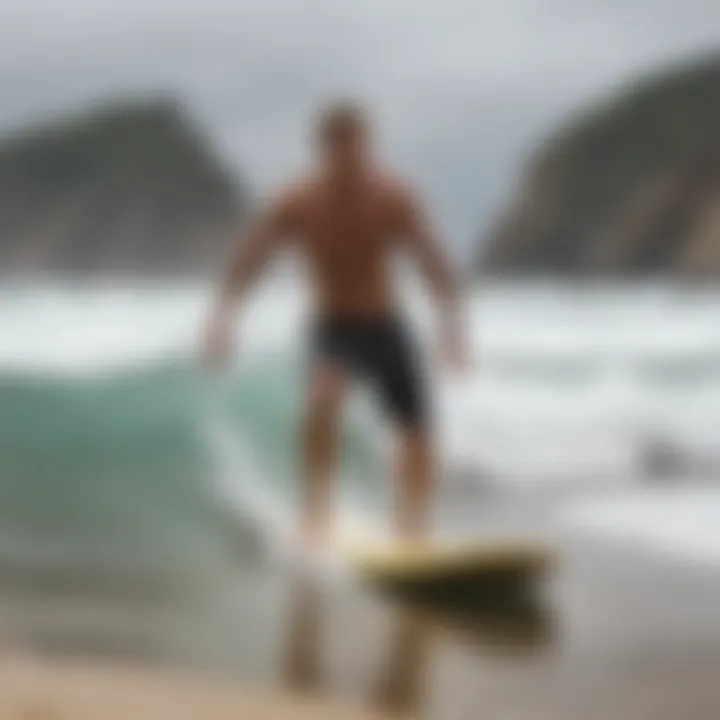 A surfer engaging in a dynamic workout routine on the beach