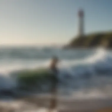 Surfers riding waves near a coastal lighthouse