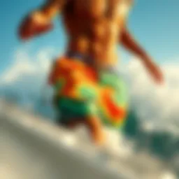 Dynamic surfing scene showcasing vibrant boardshorts
