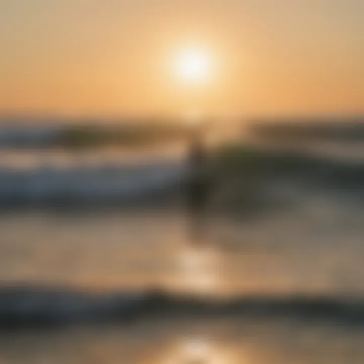 A sunset view of surfers enjoying the waves