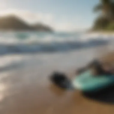 A serene beach scene highlighting the harmony between nature and surfing gear.