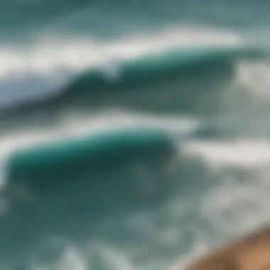 An aerial shot of a popular surf spot bustling with surfers of all levels.