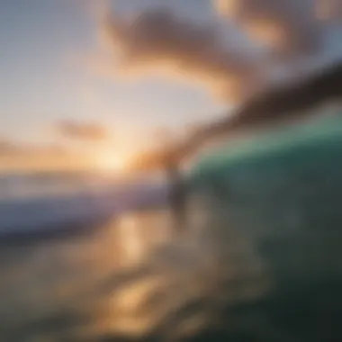 A breathtaking view of surfers riding the waves at sunset in Hawaii.