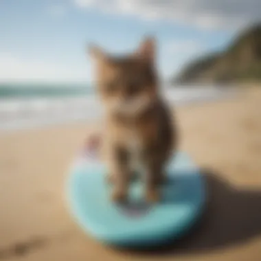 A vibrant surfboard adorned with cat-themed artwork