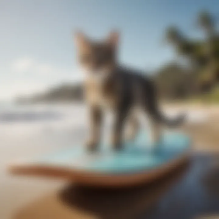 A sleek feline riding a surfboard on a sunny beach