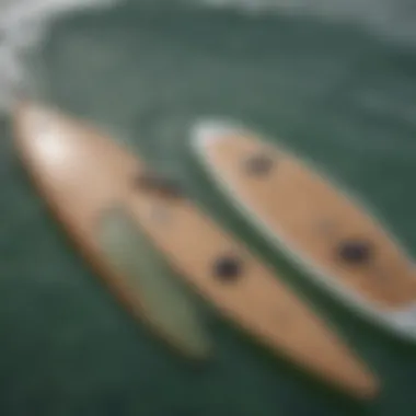 A comparison of a fish board and a funboard side by side