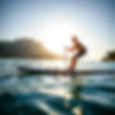 Exploring with a Touring Paddleboard Touring paddleboard with a scenic backdrop