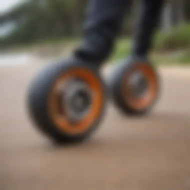 Close-up of hard longboard wheels showcasing material texture