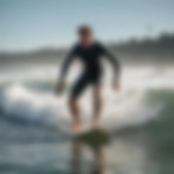 Surfer demonstrating proper longboard leash usage in the water