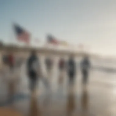 Illustration of surfers using marine flag letters at a beach.