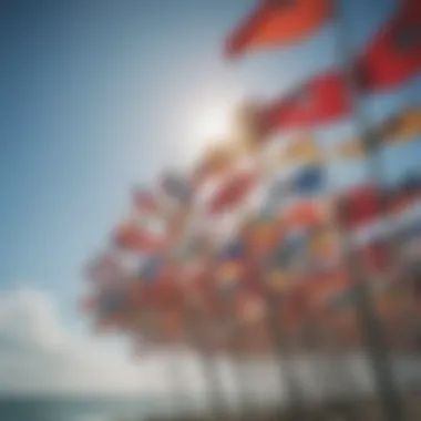 A vibrant display of various marine flags fluttering in the wind.