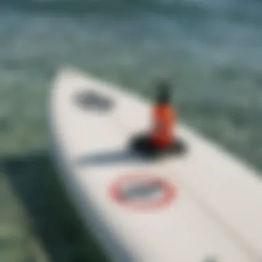 A diverse array of shark repellent products displayed on a surfboard