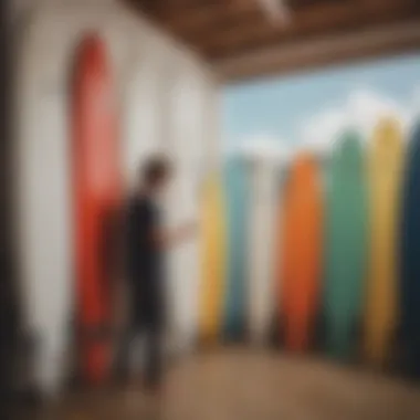 An individual selecting a surfboard in a surf shop