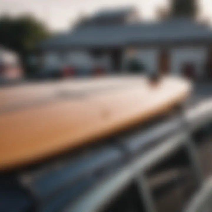 A close-up view of a surfboard secured to a roof rack with straps