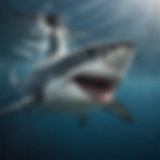 A great white shark swimming majestically through clear blue waters, showcasing its powerful physique.