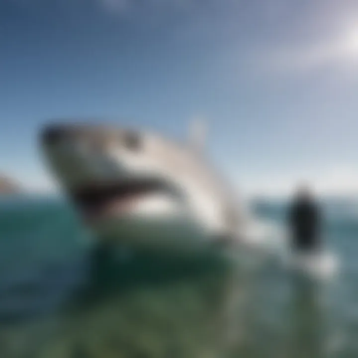 A comparison image illustrating the size of a great white shark next to a diver, emphasizing the shark's imposing length.