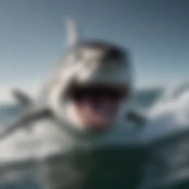 A great white shark in action, hunting prey, illustrating its hunting behavior and strategies.