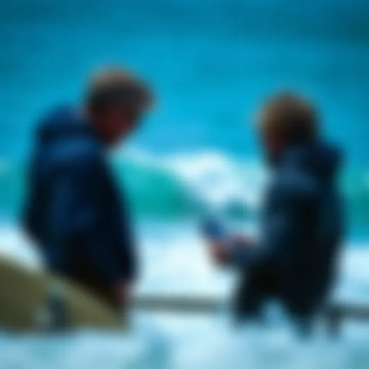 Analyzing Wave Patterns Surf enthusiasts studying wave patterns while observing the ocean.