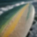 Close-up of a used foam surfboard showing unique texture