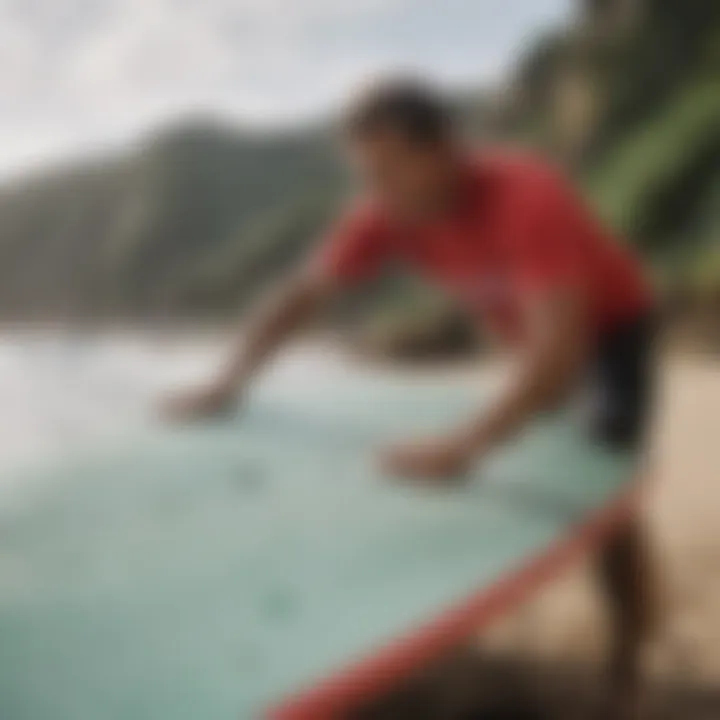 A surfer maintaining a foam surfboard