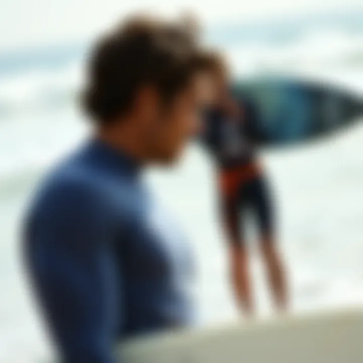 Interpreting Surf Conditions A surfer analyzing wave conditions on a beach
