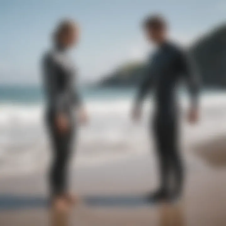 A surfer checking the fit of a wetsuit on the beach.