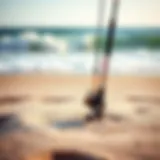 A sturdy surf rod holder embedded in the sand overlooking the waves