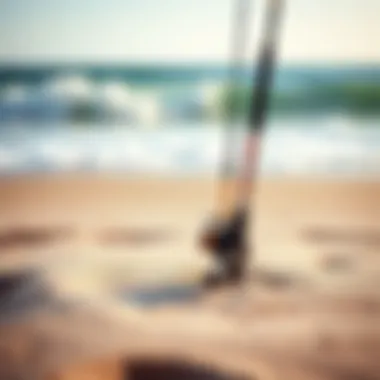 A sturdy surf rod holder embedded in the sand overlooking the waves