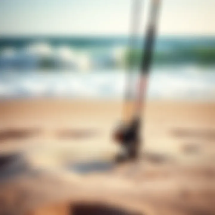 A sturdy surf rod holder embedded in the sand overlooking the waves