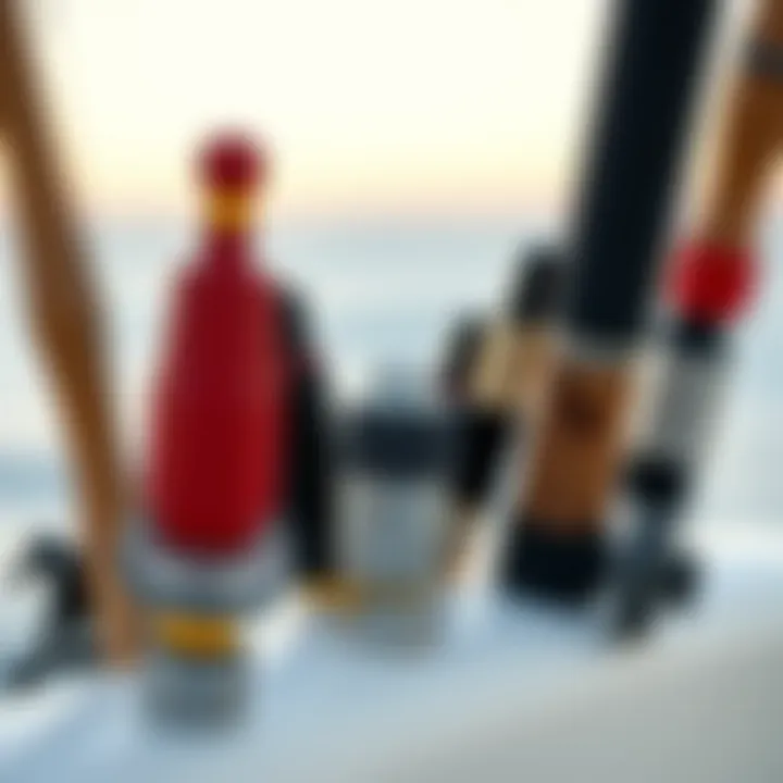 A close-up of various surf rod holder designs and materials