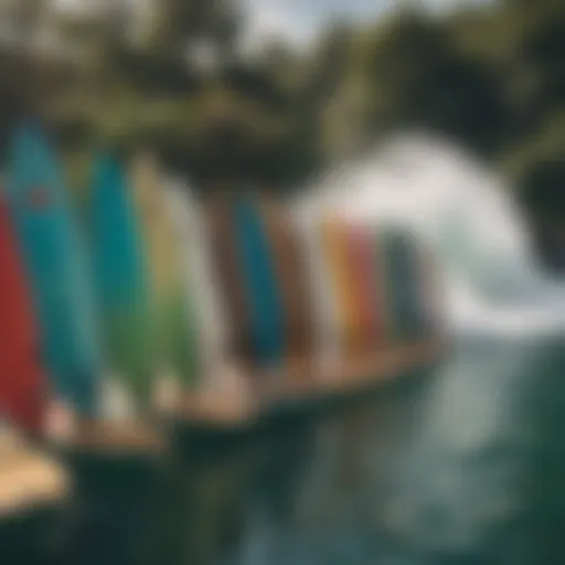 A diverse collection of wakesurf practice boards displayed on a vibrant background