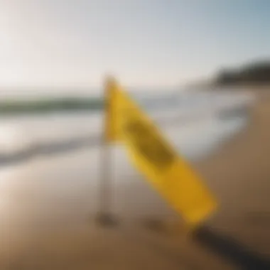 A yellow flag displayed on a beach indicating moderate surf conditions.