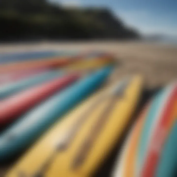 A close-up of surfboards lined up on the shore, showcasing colorful designs