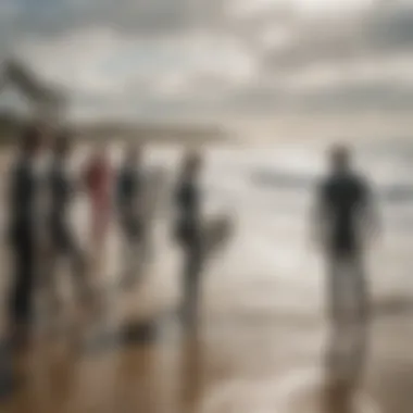 A group of aspiring surfers eagerly participating in a lesson on the beach